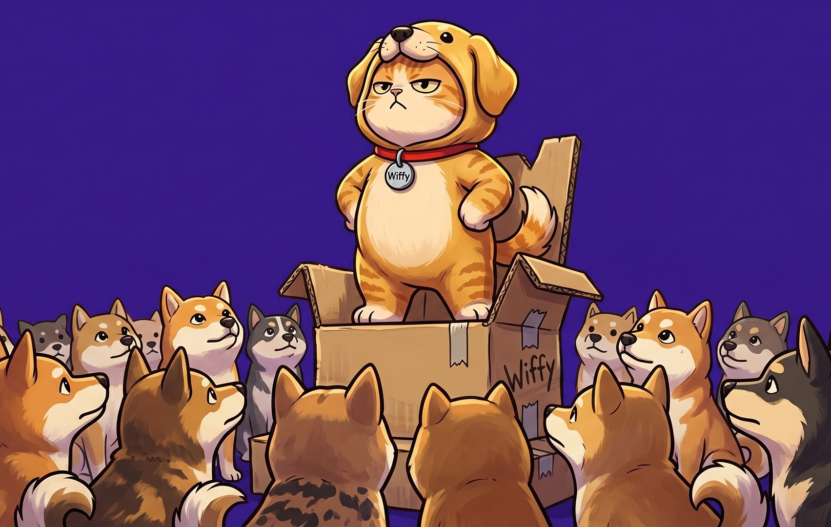 Wiffy on a throne of boxes, shibas worshipping