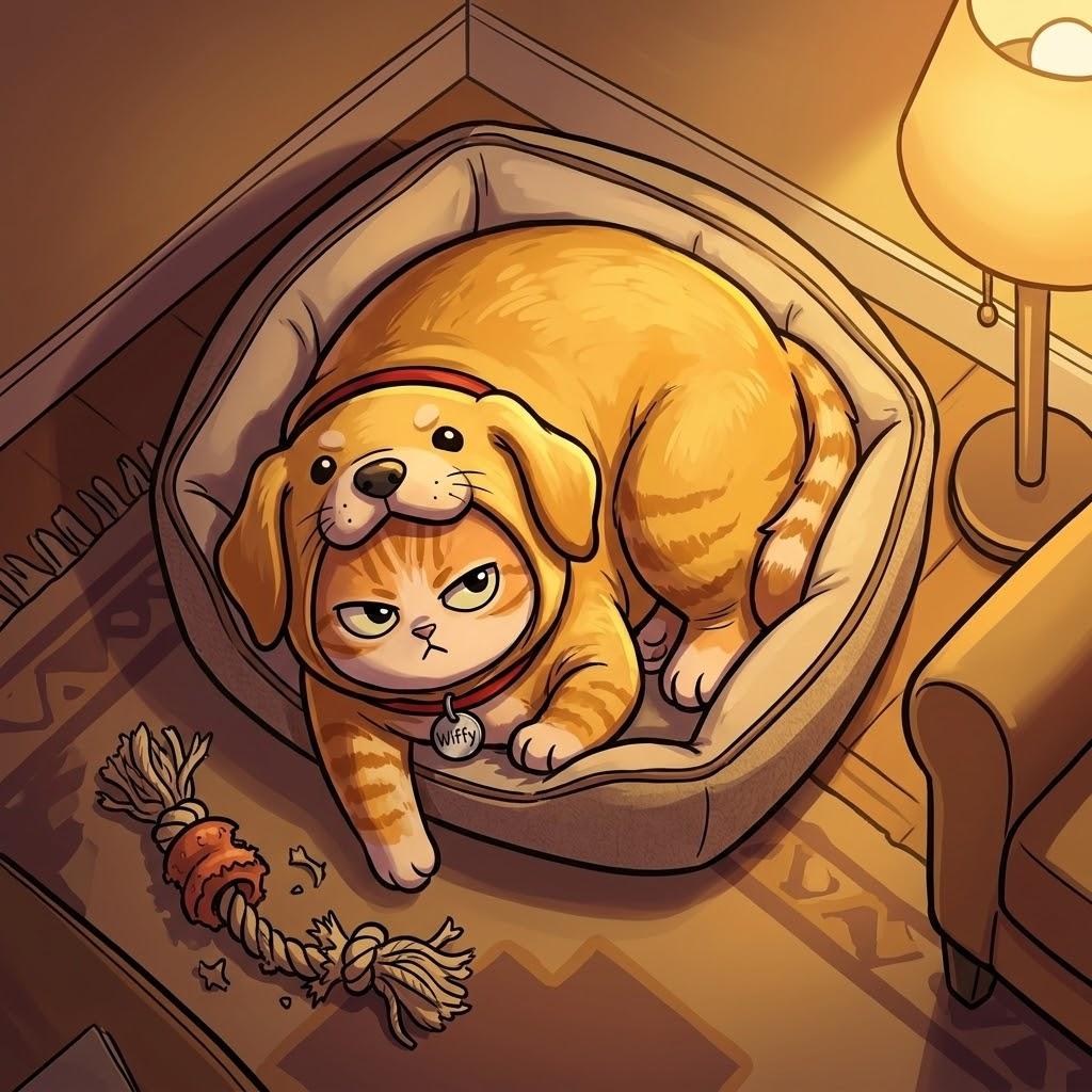 Wiffy curled up in a dog bed