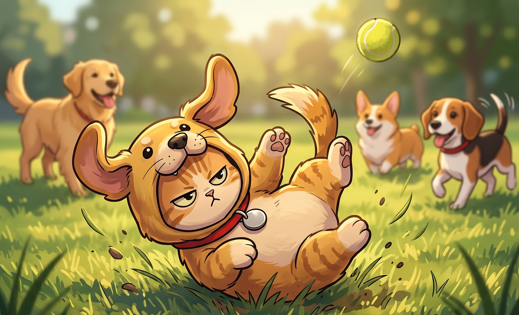 Wiffy tumbling for a ball in the park
